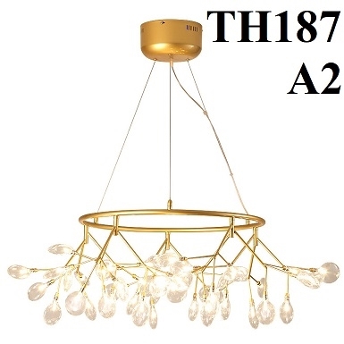 Đèn hera lá thủy tinh TH187A2 loại 63 bóng dạng vòng thân sơn vàng, lá thủy tinh hổ phách, KT(mm): 1250 x 400